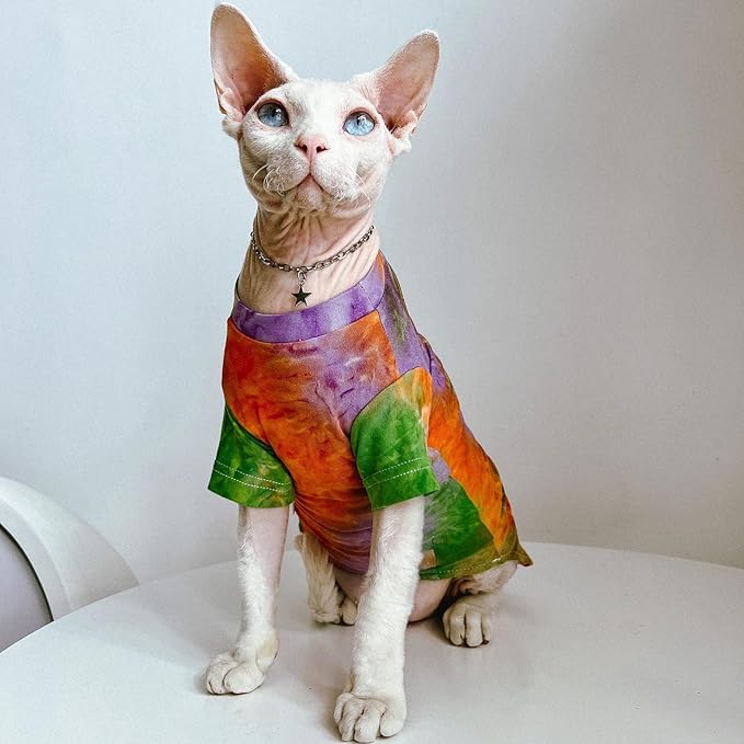 QBLEEV Sphynx Cat Clothes, Hairless Cats Rainbow Rendering T-Shirt for Spring Summer Autumn, Breathable Cat Wear Clothes Vest Shirts for Sphynx, Cornish Rex, Devon Rex, Peterbald