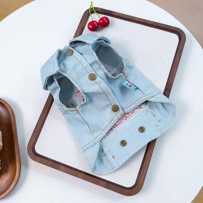 Valentine Denim Dog Jacket for Small Dogs Cats, Cute Cowboy Heart Embroidered Pet Vest with D-Ring for Leash, Lightweight Puppy Outfit for Daily Wear & Holidays(M)