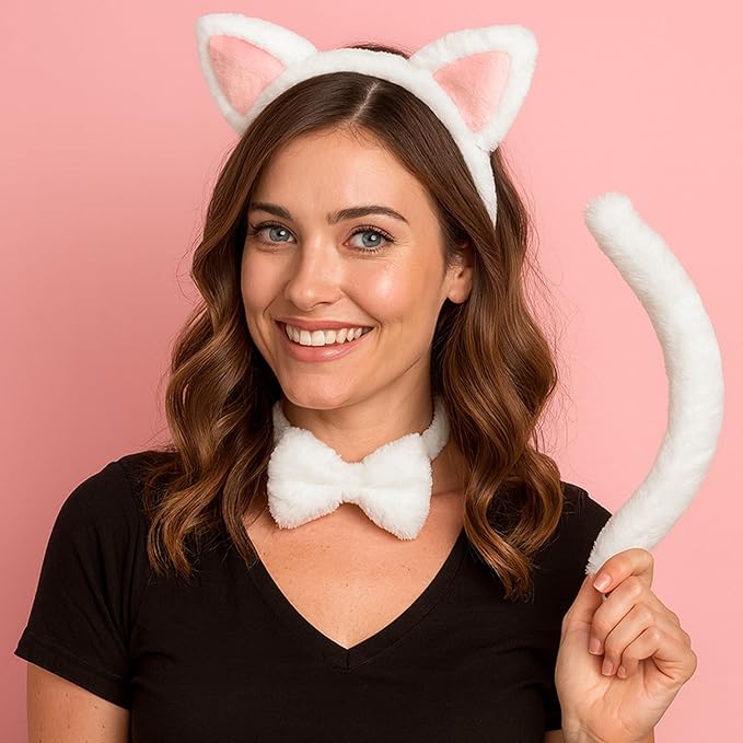 Cat Ears and Tail Set, White Cat Ears Headband with Bow tie, Furry Halloween Headband for Adults, Soft Animal Ears
