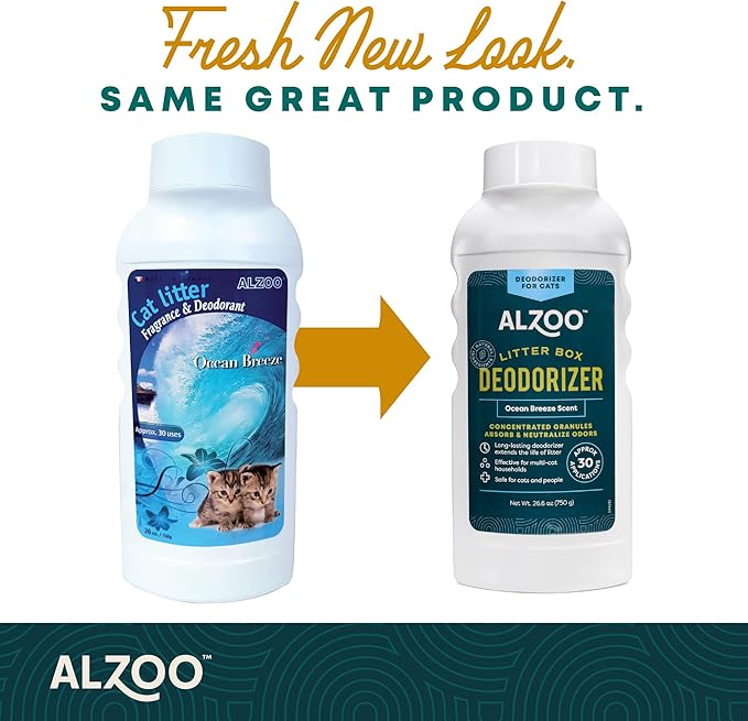 ALZOO Cat Litter Deodorizer, Concentrated Granules Absorb & Help Neutralize Odors, Mineral-Based Active Ingredients, Up To 30 Uses, Ocean Breeze Scent, 26.6 Oz.