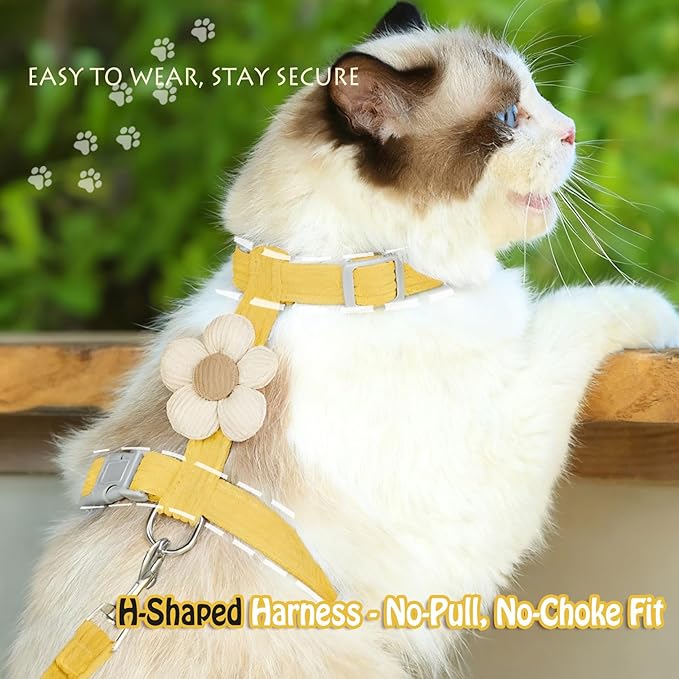LeLehome Cat Harness and Leash Set Escape Proof Comfortable Lightweight Adjustable Strap for Walking, Travel, Kitten, Puppy, Rabbit (Yellow Flower)