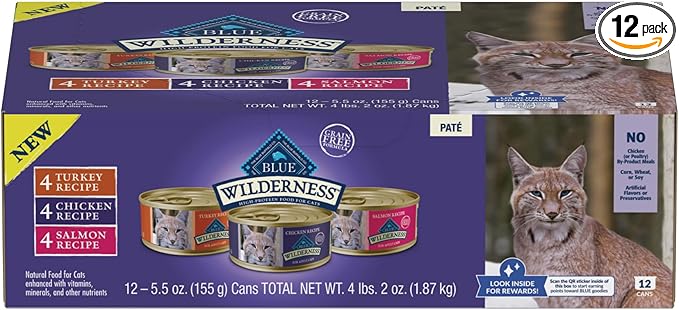 Blue Buffalo Wilderness High Protein, Natural Adult Pate Wet Cat Food Variety Pack, Chicken, Salmon, Turkey 5.5-oz can (12 Count - 4 of Each Flavor)