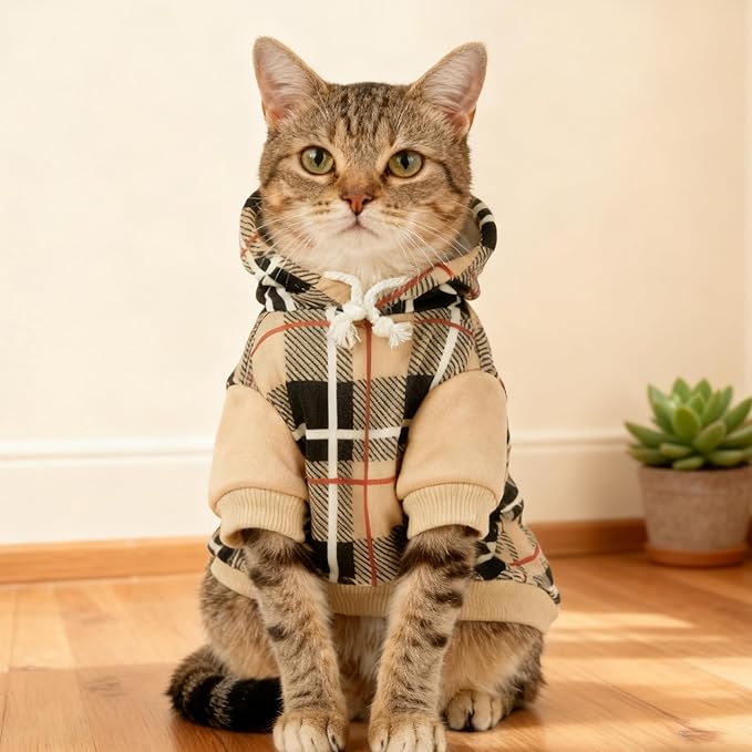 EXPAWLORER Plaid Cat Hoodie - British Style Warm Cat Sweater Shirt with Leash Hole,Pet Clothes Outfits,Winter Coat Apparel for Puppy Cats Girl Boy-Kitten Apparel,Beige XL