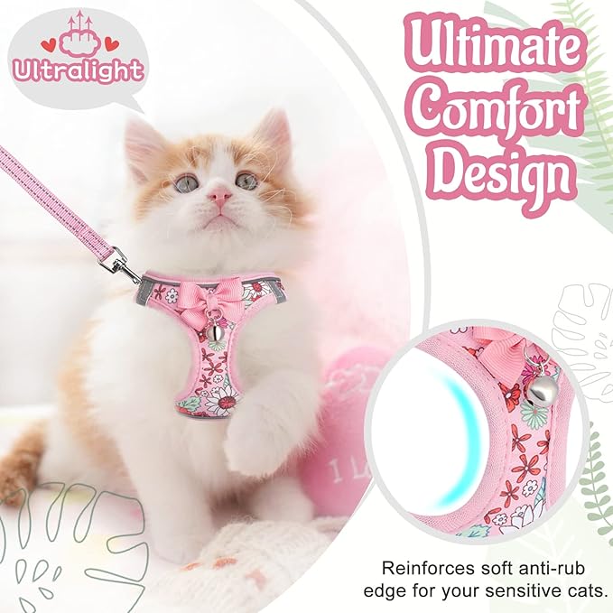 Cat Harness and Leash Escape Proof for Walking, Adjustable Soft Kitten Harness with Reflective Straps Step in Cat Vest Harness for Small Kitten and XS Dogs (Pink, XS-Chest(10.2"-11.8"))