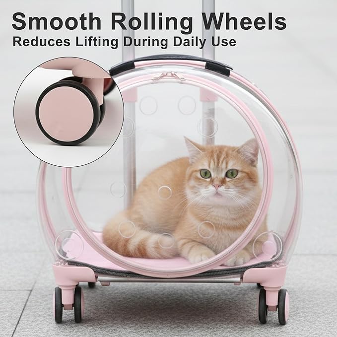 Hard Shell Cat Carrier with Wheels, Rolling Cat Travel Carrier with Telescoping Handle, Transparent Pet Carrier for Cats (Pink)