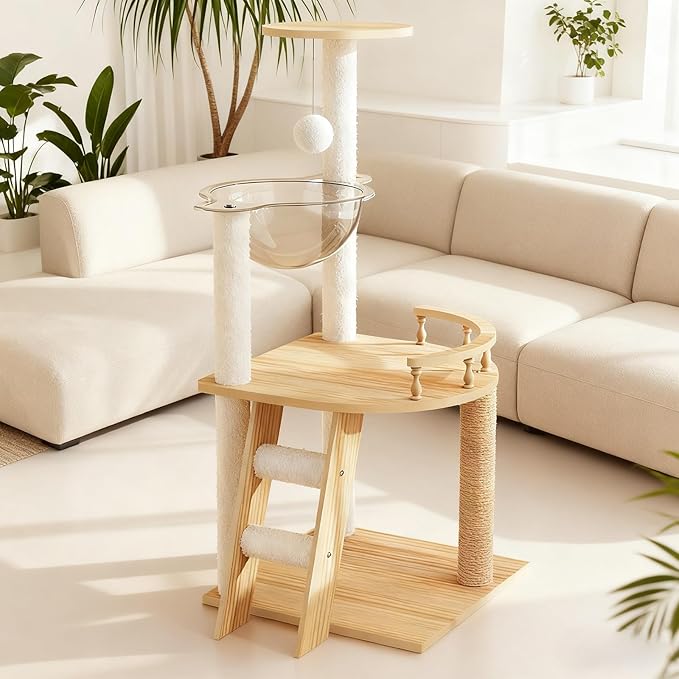Modern Wood Cat Tree for Indoor Cats, Cat Tower with Sisal Scratching Posts, Top Perch & Acrylic Hammock, Cat Condo for Small to Large Cats (41.3")