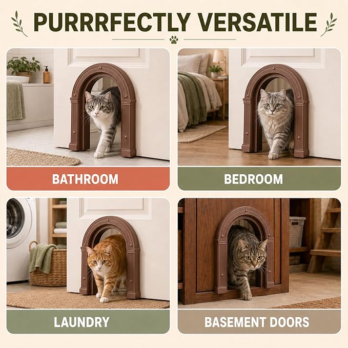 Cat Door for Interior Doors Large Cat Door - No-Flap, No Training Needed, Fits Cats Up to 25 lbs, Easy Installation, Installs in Minutes, Fits 1.25" to 1.75" Thick Solid & Hollow Doors Brown