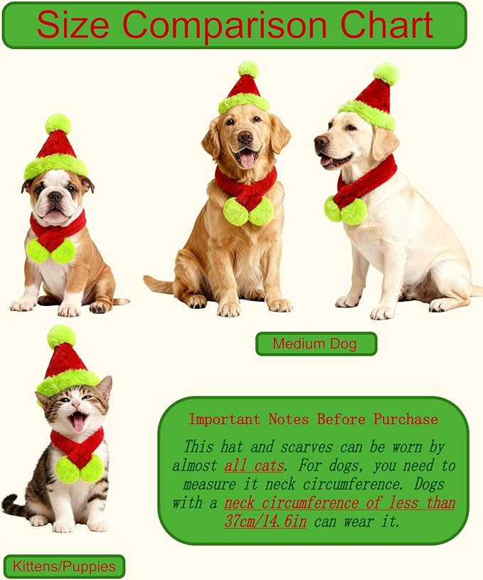 Dog Christmas Hat with Scarf, Cat Santa Hat Soft Plush Dogs Mini Santa Hats Small Dogs or Cats Pet Costumes Goose Cat Christmas Outfit(Green Red, Medium)