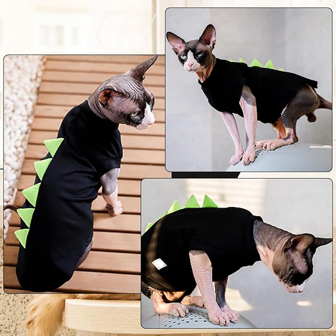DENTRUN Sphynx Cat Clothes, Cute Dinosaur Design Hairless Cat Costume, Breathable Cotton Shirts Cat Clothes for Cats Only, Round Collar Kitten Daily T-Shirts with Sleeves, Cats Funny Cosplay Apparel