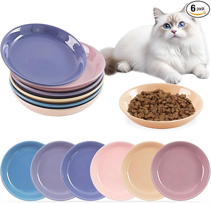 6 Pack Cat Food Bowl, Ceramic Cat Bowls, Anti Whisker Fatigue Cats Bowl Set,5.5 Inches Shallow Wide Kitten Plates for Food and Water (CaiSe-A)