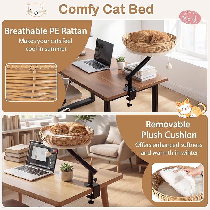 Tangkula Cat Desk Bed, 360° Rotatable Rattan Desk Cat Bed Attachment with Removable Padded Cushion, Hanging Jingling Ball & Secure Clamp, Elevated Pet Nest Perch Hammock for Various Desktops