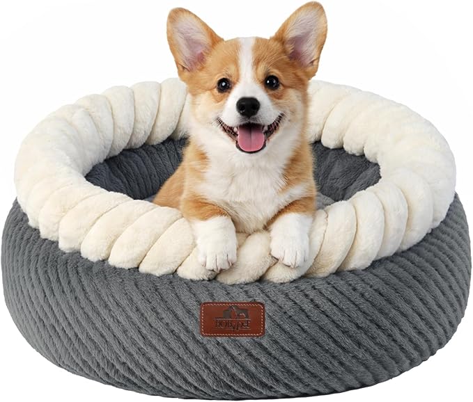 Hollypet Cat Bed for Indoor Cats Kitty Beds, Round Washable Fluffy Small Dog Bed, Soft Cozy Plush Pet Beds for Puppy and Kitten with Non-Slip Bottom (20" D * 8" Th, Gray)
