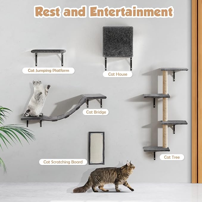 5 Pcs Wooden Indoor Cat Climber - Wall-Mounted Shelves, Perches, Scratching Board, Cat Ladder & Cat Tree - Grey