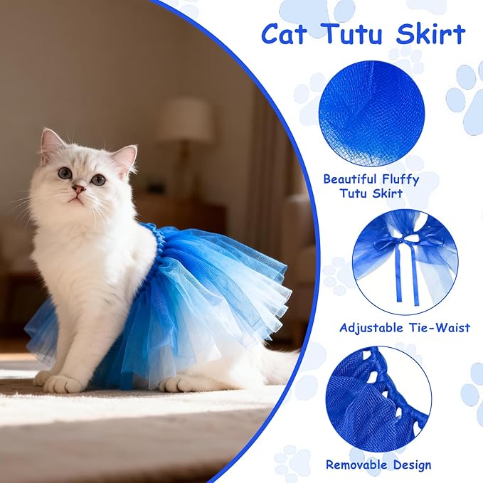 5Pcs Cat Birthday Decorations, Adjustable Cat Birthday Hat Bandana Tutu Skirt Collar Bow & 9 Number Stickers 0-8, Kitten Costume Outfit Decorations for Anniversary of Birth, Small Dog Friendly (Blue)