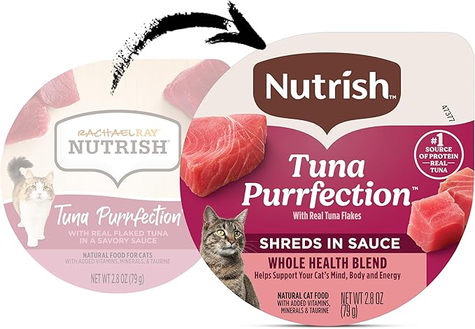 Nutrish Grain Free Wet Cat Food Tuna Purrfection Whole Health Blend with Real Tuna Flakes in a Savory Sauce, 2.8 oz. Cup, Pack of 12 (Rachael Ray)