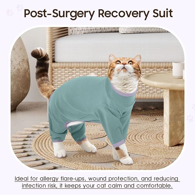 DENTRUN Cat Clothes for Hair Control with Hair Sticky Fabric - Soft Recovery Suit & Breathable Lint-Resistant Cat Sweater for Cats Only, Kitten Onesie Pajamas, XXL, Bean Green