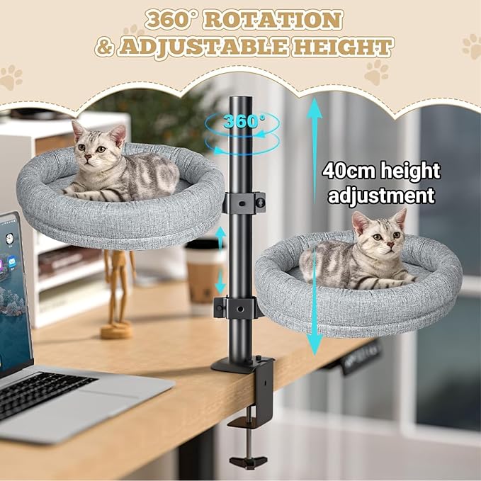 Cat Desk Bed, 360° Rotating & Height Adjustable Cat Hammock, Metal Bracket Supports to 40 lbs, Removable&Washable, Kitten Bed for Desk
