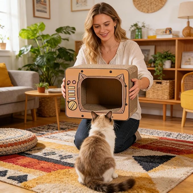 Cat Scratch House, TV Shape Corrugated Bed, Cat Furniture & Side Table for Living Room and Bedroom Decoration, Enrichment Play Exercise Boredom (#1)
