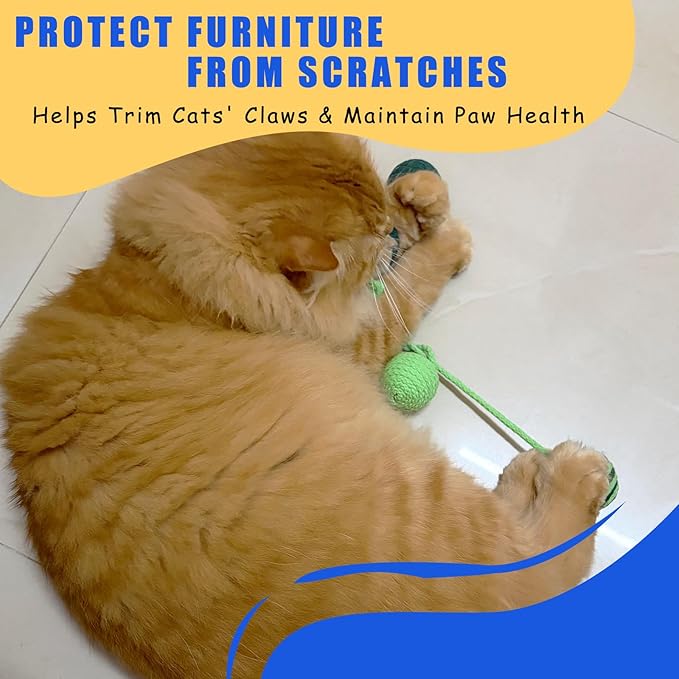 Hanging Cat Toy for Indoor Cats - Durable Sisal Cat Chew Rope Balls with Squeaker for Cat Tree - Teething Kitten & Best Cat Toys for Bored Indoor Adult Cats