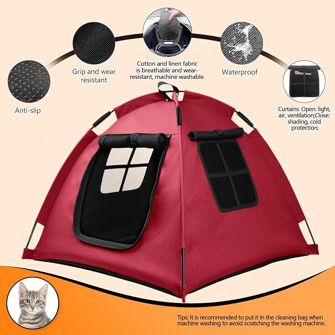 Portable Pet Tent with Full-Enclosure Zippered Mesh Door, Indoor & Outdoor Cat House for Safety & Ventilation, Cozy Nest for Cats, Puppies & Small Animals, Red