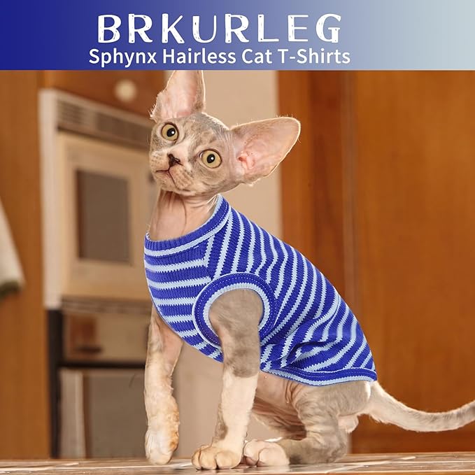 BRKURLEG Knit Cat Shirt, Sleeveless Pet Vest for Sphynx Cats and Small Dogs, Soft Pullover Spring Summer Apparel, Breathable T-Shirts with Round Collar (Blue Stripes, M)