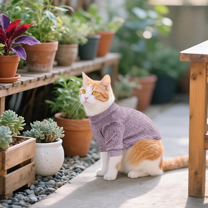 Idepet Sphynx Hairless Cats Sweater Shirt Kitten Soft Puppy Clothes Pullover Cute Cat Pajamas Jumpsuit Cotton Apparel Pet Winter Turtleneck for Cats and Teacup Chihuahua Small Dogs(Purple,S)