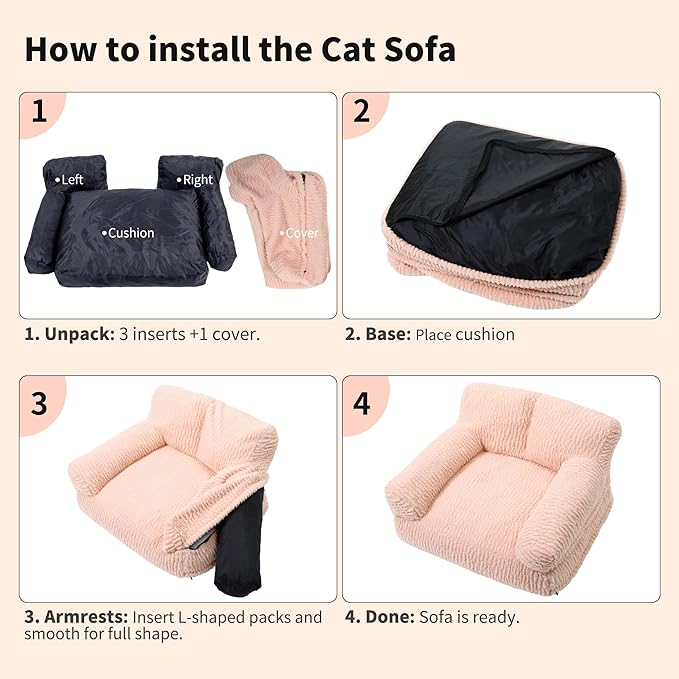 KHONSU PET Pink Cat Couch Sofa Bed - Fluffy Orthopedic Pet Lounge for Indoor Cats, Removable Washable Cover, Supportive Kitten Couch, 24 inch