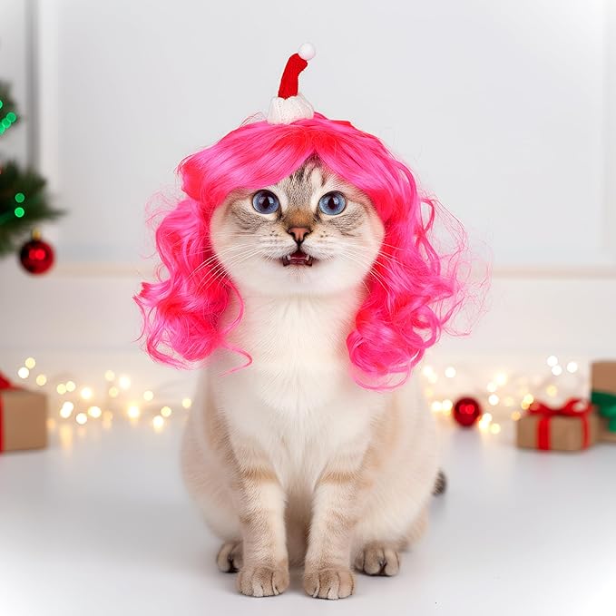Christmas Dog Cat Pet Wig for Small Medium Large Dog Cosplay Costumes (Pink)