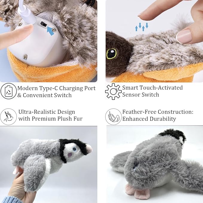 Flapping Chirping Bird Cat Toy(Non-Flying), USB Charging,Touch Activated Plush Toy,Simulates Bird Wing Flapping and Sounds, for Cats,Dogs & Small Pets (Large, Penguin)