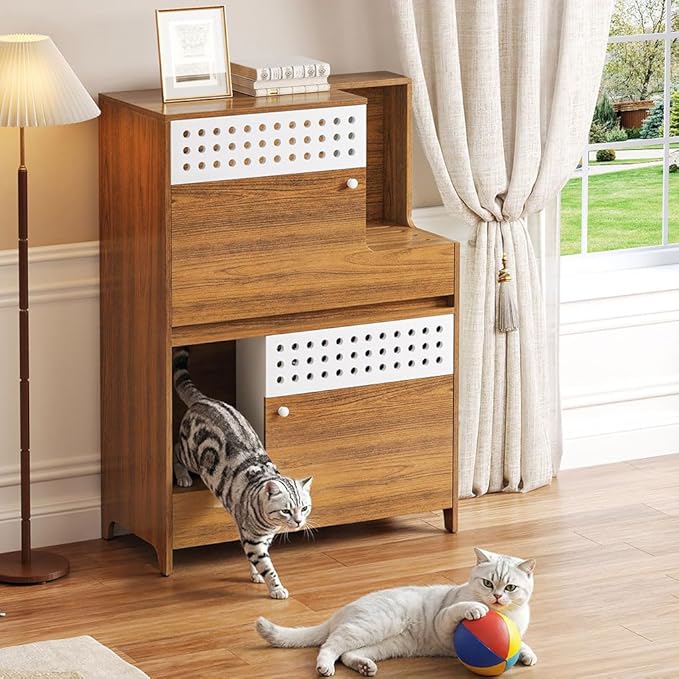 2 in 1 Cat Litter Box Enclosure Furniture, Double Hidden Litter Box Cabinet with Storage Shelf, Space Saving Wooden Cat House End Table for Indoor Use, Brown Natural,Brown