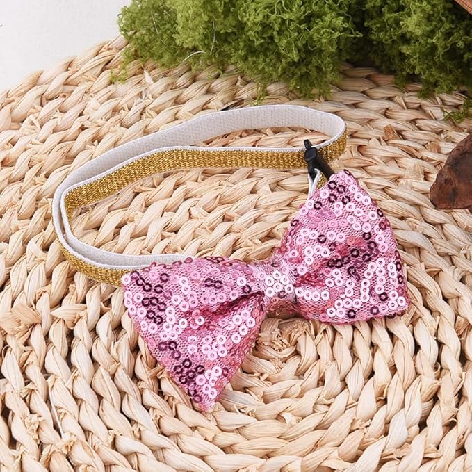 Pink Sequin Bow Tie for Pet Cat Dog Bow Ties for Dogs Cats Pets Pink Accessories for Pet Cat Dog Sequin Bowtie for Dogs Cats Adjustable Bow Tie for Dog Cat Sparkly Bowtie for Puppy Kitten