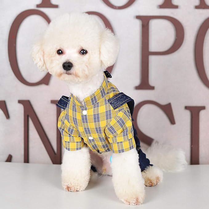 SMALLLEE_LUCKY_STORE Pet Clothes Costume Puppy Denim Overalls for Small Medium Dogs Cats Boys Bowtie Plaid Shirt Jeans Pants Outfits Chihuahua One Piece Jumpsuit,Yellow S