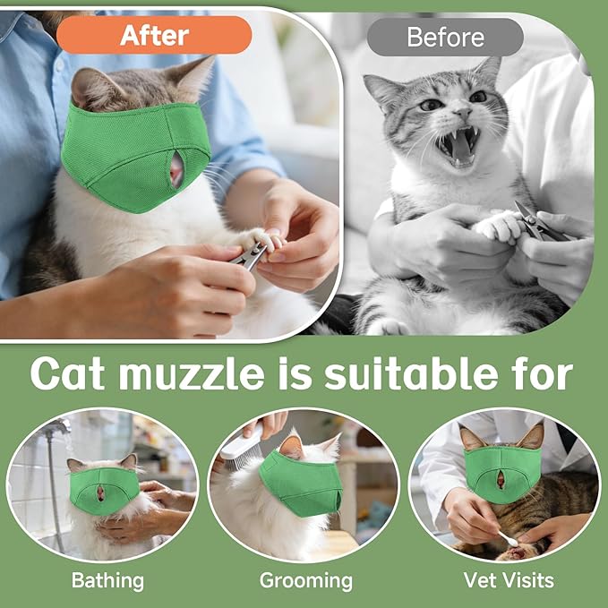 BARKLESS Cat Calming Muzzle for Grooming & Nail Trimming, Oxford Muzzle with Shading Design to Help Calm the Cat Down, Soft Head Cover to Prevent Biting & Scratching (Green, M)