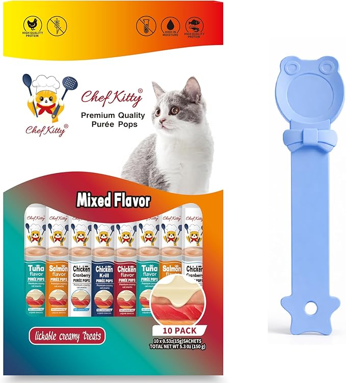 Purée Pops + Blue Feeding Spoon, Grain-Free, Lickable, Squeezable Creamy Cat Treat/Topper, 0.5 Ounces Each Tube, 10 Tubes, Chicken and Seafood Mix Variety