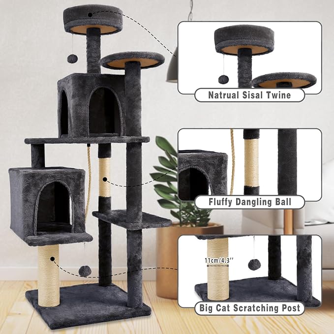 Large Cat Tree, 57.8" Tall, Dark Grey, Multi-Level Cat Furniture with Condos, Scratching Posts, Beds, Pompoms, Sisal Rope, Indoor, Durable