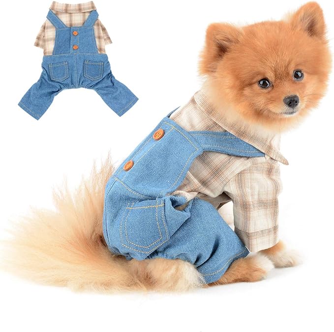 Shirt with Bib Pants for Dogs Plaid Tank Tops Tshirt Outfits for Small Male Dogs Puppies Chihuahua Overalls for Cats Apparel for Kittens Summer Adorable Pets Clothes Short Sleeves Khaki XL