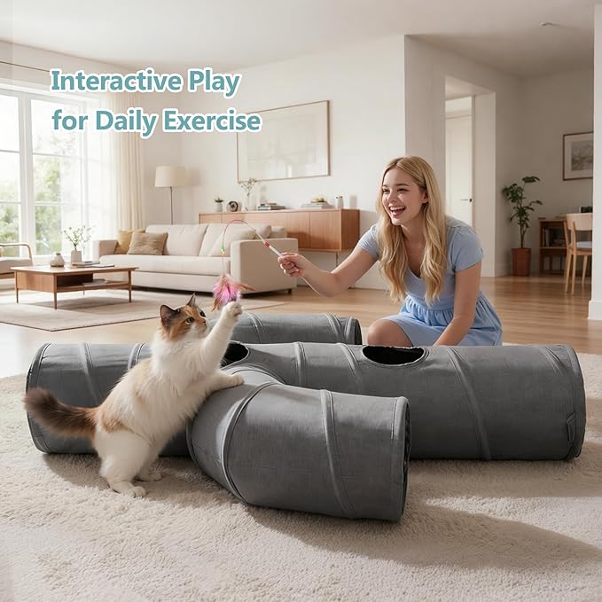 Ownpets Cat Tunnel Large 12 inch Diameter Sturdy Oxford Fabric Cat Tunnel Toy, Cactus Shape Collapsible Cat Tunnels for Indoor Cats,Interactive Peek Hole Pet Tunnel Tube with Cat Wand Toy