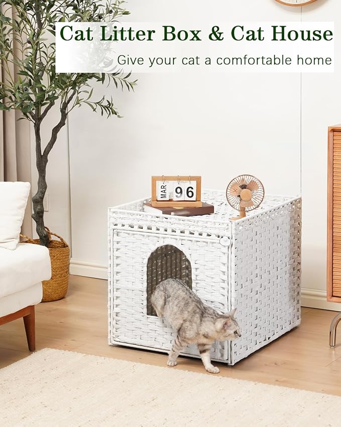 SETVSON Cat Litter Box Enclosure Furniture, Large Hidden Litter Box Furniture, Handwoven Rattan Cat House Cabinet, One Mat, Two S-Shaped Hooks, Living Room, Apartment 21.6 X 26 X 21.6 Inches, White
