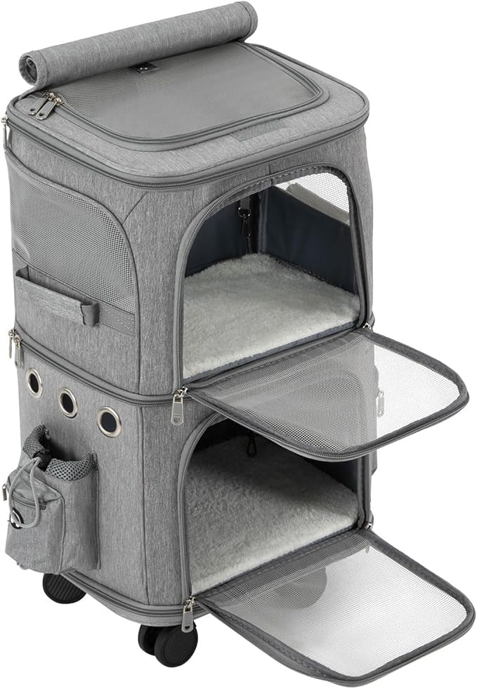Double-Compartment Pet Carrier Backpack with Wheels for Small Cats and Dogs, Cat Rolling Carrier for 2 Cats, Perfect for Traveling/Taking a Walk/Trips to The Vet,for Up to 22 LBS (Grey)