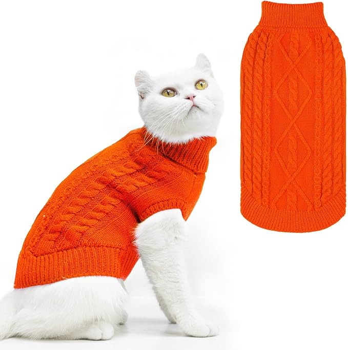PUPTECK Winter Cat Sweater Coat - Soft Warm Cold Weather Clothes Knitwear for Kittens & Small Dogs Indoor Outdoor Wearing, Knitted Classic for Doggies Kitties Girls Boys, Orange, L
