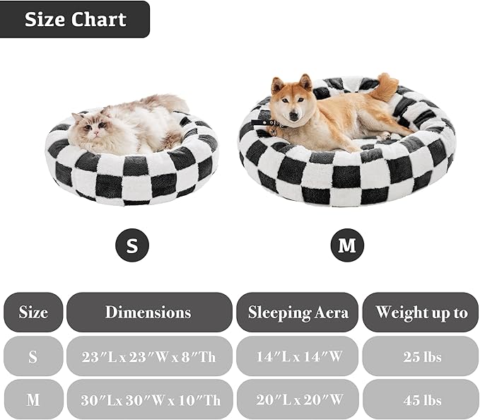 Ohocut Checkered Cat Dog Bed, Cute Black White Retro Style Aesthetic Round Warming Pet Calming Beds for Small Dog and Cats, Plush Cozy Donut Beds Washable, 23" L x 23" W x 8" Th