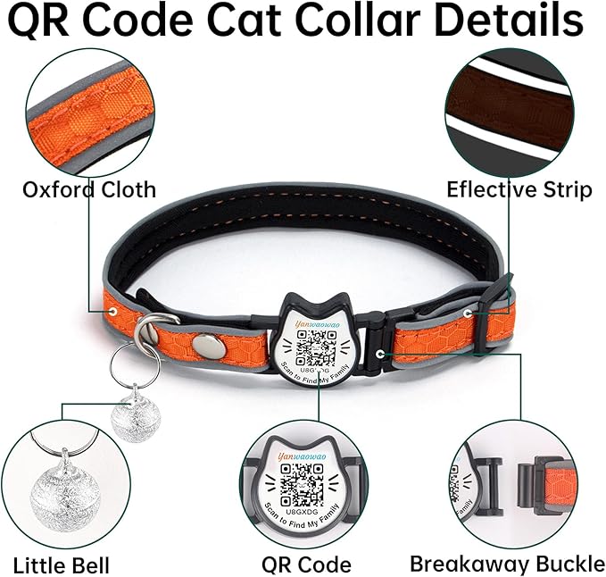 Cat Collar with Bells Reflective Cat Collars Breakaway with Oxford Cloth Soft Padding Adjustable Kitten Collar with QR Code（Orange）