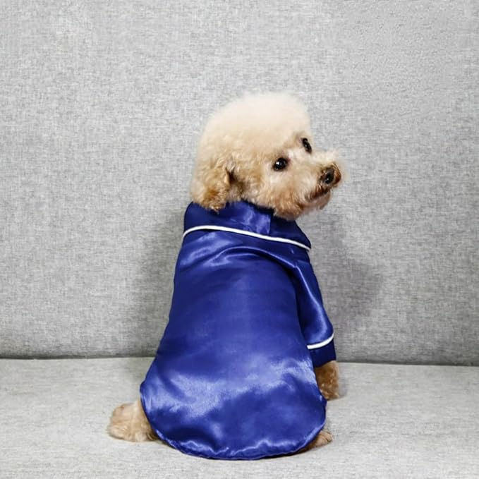 Cat Puppy Costume Elegant Satin Pajamas with Bow Headband 2PCs Set Pet Sleepwear Cute Pet Outfit Cosplay Partywear Photoshoots (Blue Set,Medium)