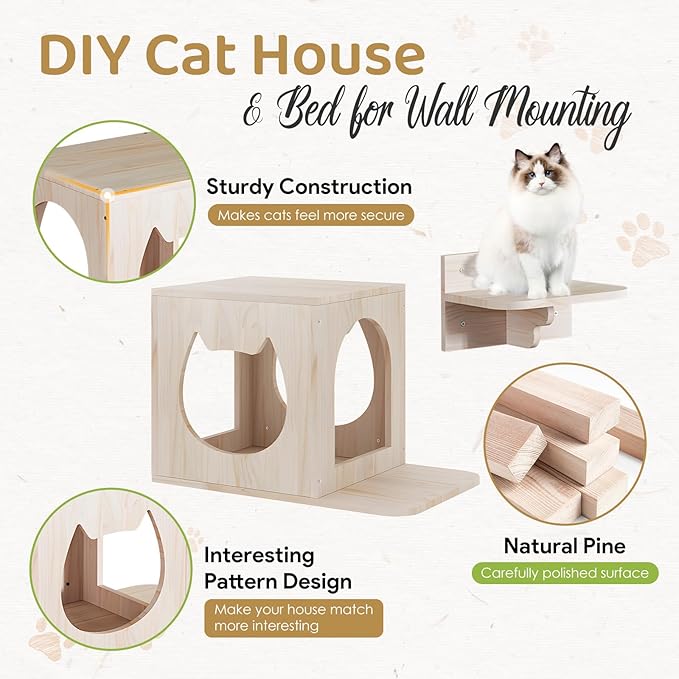 Cat Wall Furniture Set, Cat Wall Shelves Cat Wall Climber with 1 Cat Wall House and 1 Cat Wall Step Wooden Wall Mounted Cat Bed Cat Shelves and Perches for Indoor Cats Playing, Sleeping, Climbing