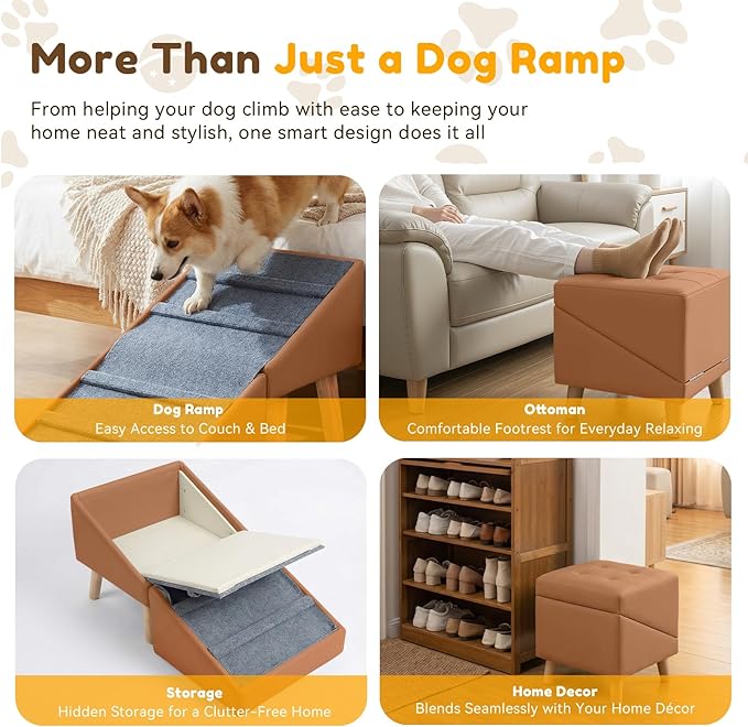 Dog Ramp & Stairs for Couch Sofas, 18.5" Extra Wide Pet Steps for Small Dogs, 15.7" H 3-in-1 Foldable Ottoman & Hidden Storage Design, Non-Slip Dog Ramp for Senior & Injured Pets (Camel)