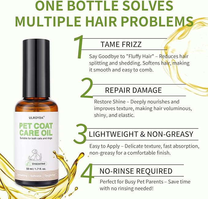 Pet Fur Care Oil – Fragrance-Free Leave-in Conditioner with Coconut & Jojoba Oils, Detangles & Reduces Shedding, Adds Shine & Softness for Dogs & Cats, 1.7 fl oz