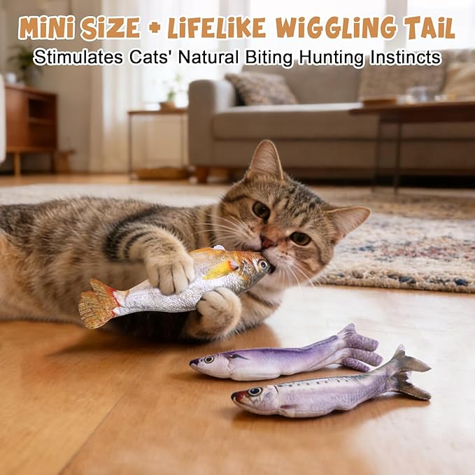 BABORUI Cat Toys Interactive, Mini Realistic Electric Floppy Fish Cat Toy, Cats Fishing Pole Toy with Elastic String for Bored Indoor Adult Cats