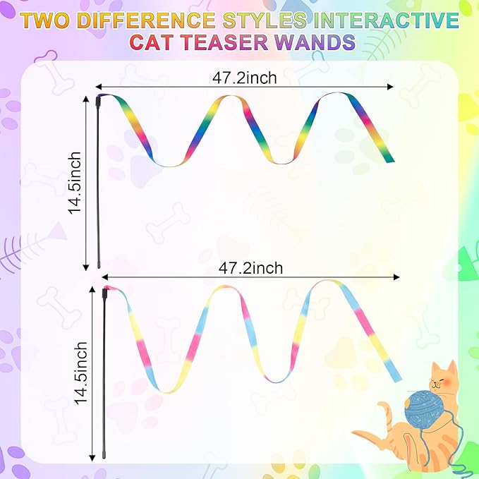 Leitee 30 Pcs Colorful Cat Wand Toys Interactive Rainbow Ribbon Fabric Teaser Wand String for Indoor Cats and Kitten Exercise Playing