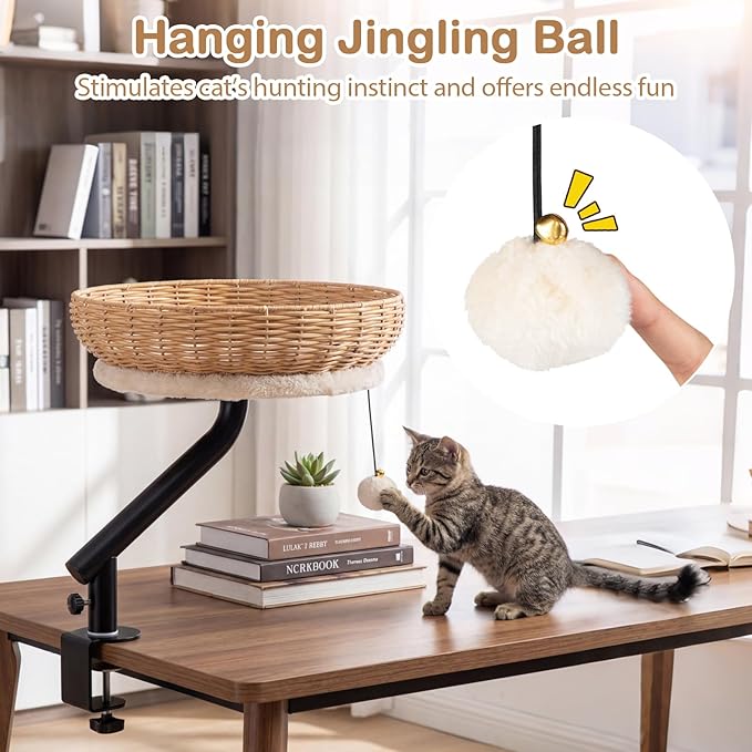 Tangkula Cat Desk Bed, 360° Rotatable Rattan Desk Cat Bed Attachment with Removable Padded Cushion, Hanging Jingling Ball & Secure Clamp, Elevated Pet Nest Perch Hammock for Various Desktops