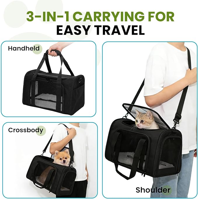 Soft-Sided Cat Carrier Expandable Pet Carrier Airline Approved Mesh Travel Carrier Up to 15lbs for Cats Small Dogs Collapsible Escape-Proof with Shoulder Strap (18x11x11 Black)